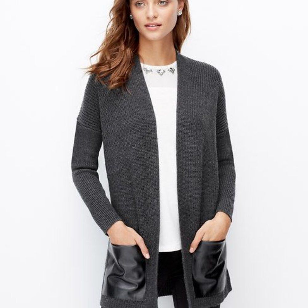 Ann Taylor Petite Grey Knit Merino Wool Sweater with Faux Leather Pockets Size X